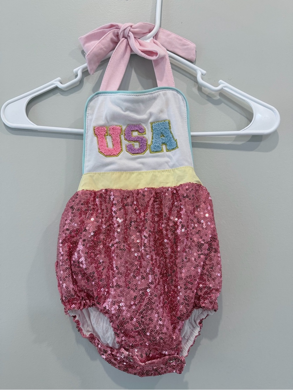 Pink Sequin Halter Baby One-Piece with USA Applique